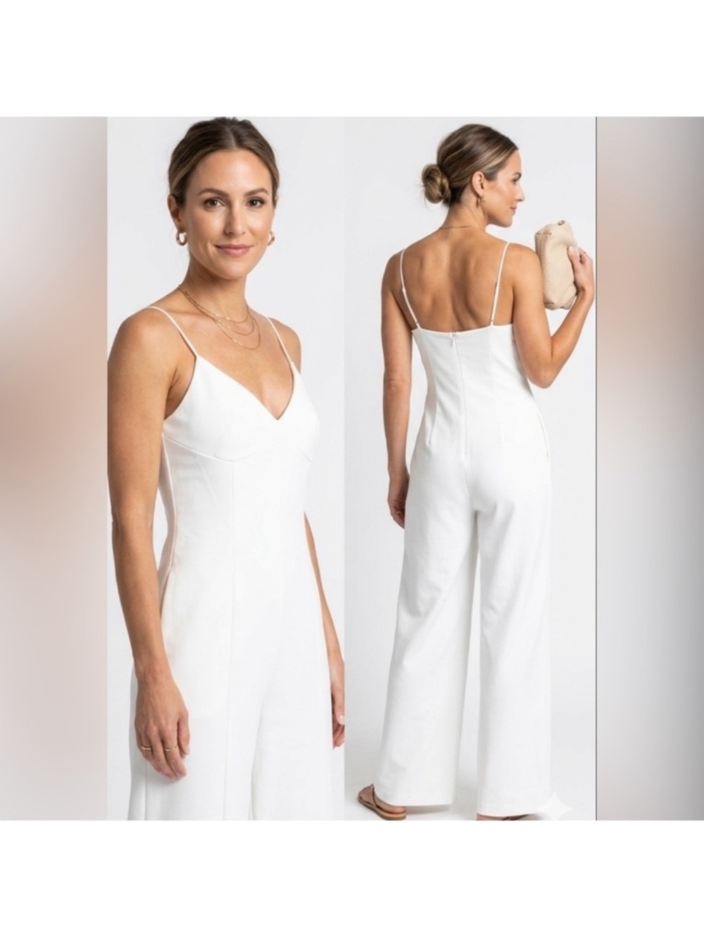 Zara White Spaghetti-Strap V-Neck Wide-Leg Jumpsuit